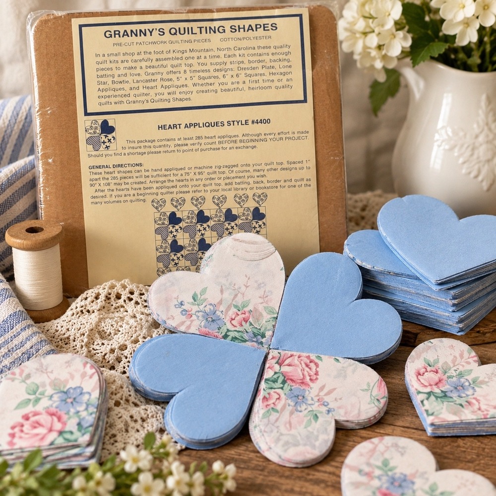 Granny's Quilting Shapes Heart Appliques Style 4400 Floral Blue 285pc Pre-Cut